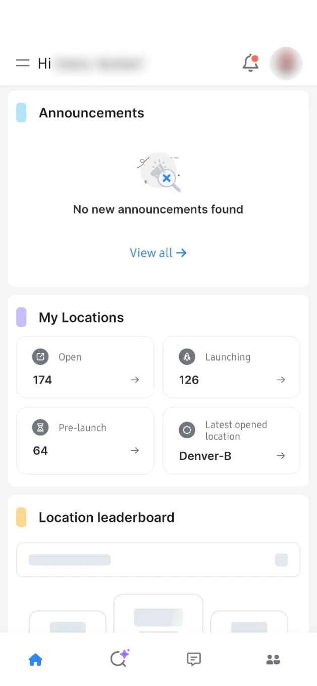 Delightree app home screen: announcements and franchise locations