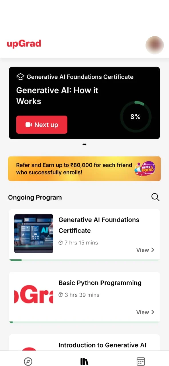 upGrad app home screen: ongoing programs and course progress